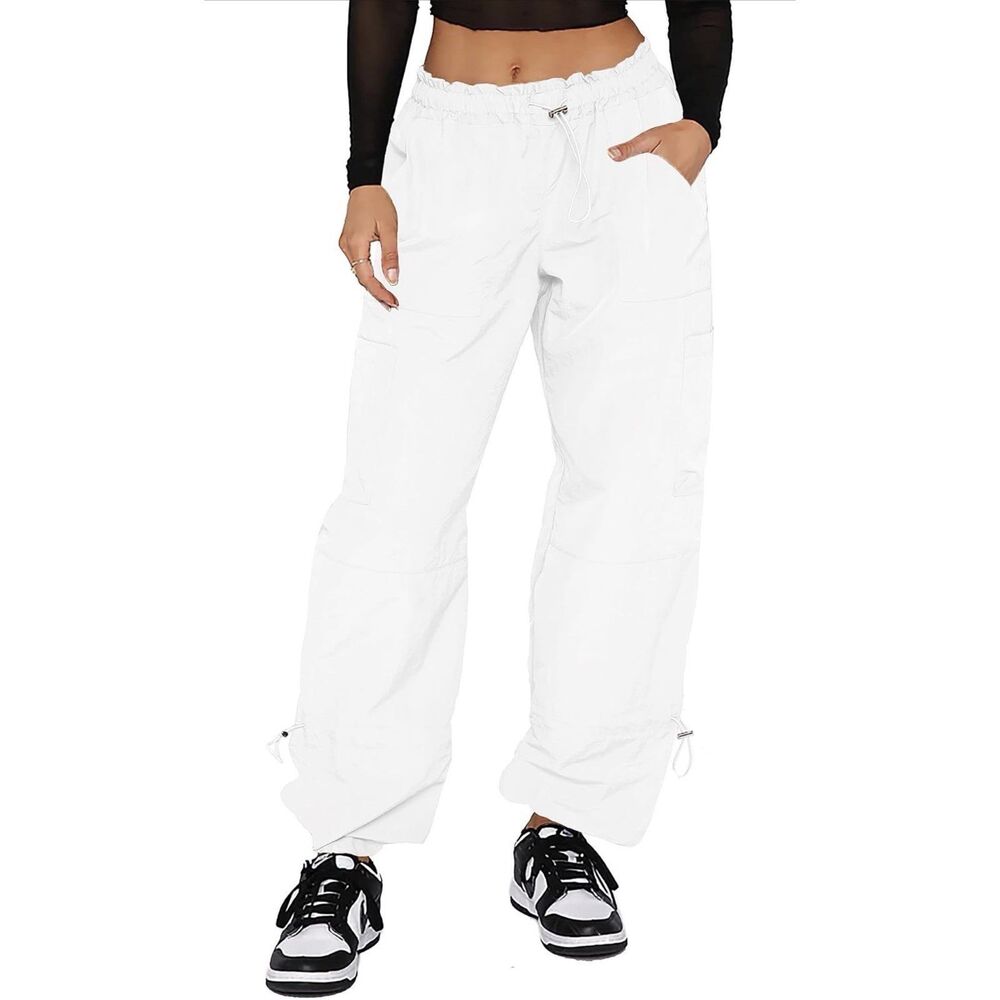 White Nylon Cargo Pants Women Parachute Joggers Wide Leg Drawstring XL